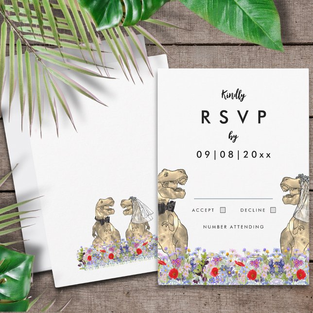 Dinosaur-tema bröllop OSA kort (Dinosaur themed wedding RSVP enclosure card with T-Rex bride and groom & colorful wildflower meadow)