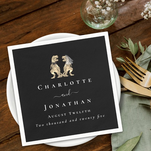 Dinosaur-tema Bröllop Personligt Svart & Vitt Pappersservett (Dinosaur theme wedding black and white custom napkins Eleagnt script T-Rex dino bride & groom)