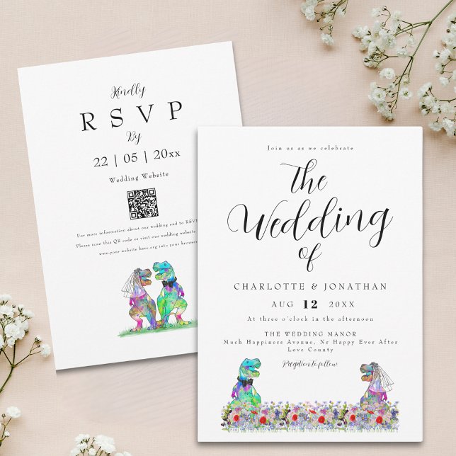 Dinosaur-tema Bröllop QR-kod Inbjudningar (Boho wildflower dinosaur wedding invitation with qr code)