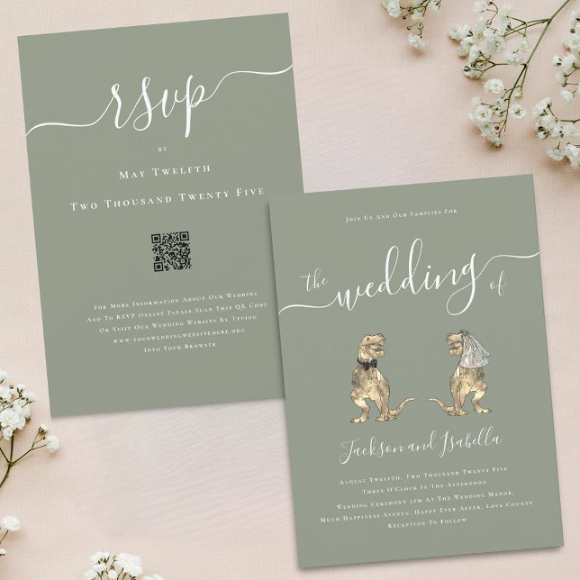 Dinosaur Tema Bröllop Salvia Grön Vit QR-kod Inbjudningar (Whimsical boho Dinosaur T-Rex bride and groom elegant sage green qr code wedding invitation)