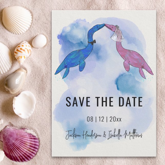 Dinosaur tema bröllop spara datum datumet (Watercolor sea dinosaur theme wedding save the date card ocean Beach wedding )