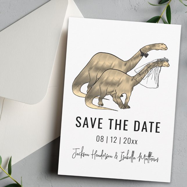 Dinosaur-tema Bröllop Spara Datumet (Simple Dinosaur wedding save the date card Watercolor brontosaurus dino bride and groom)