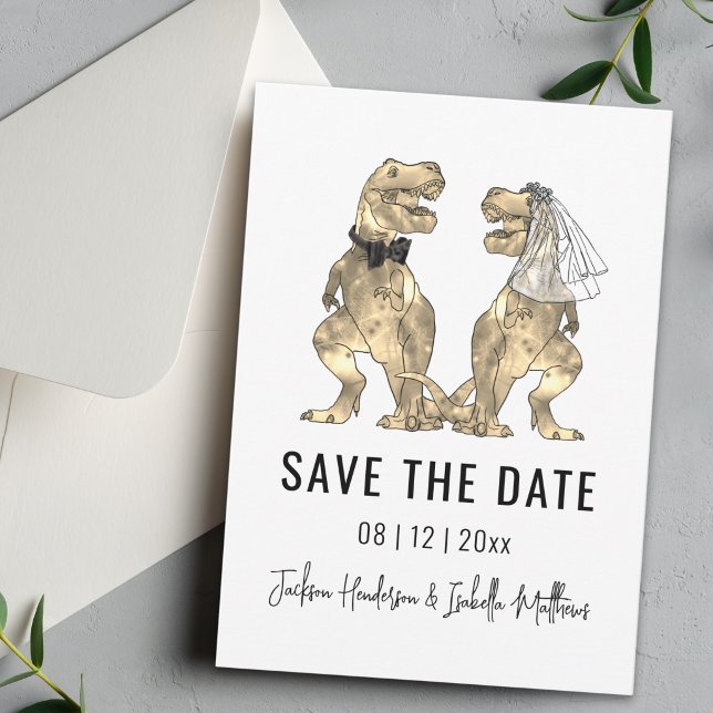 Dinosaur-tema Bröllop Spara Datumet (Funny T-Rex bride and groom Dinosaur wedding save the date Minimalist stylish modern)