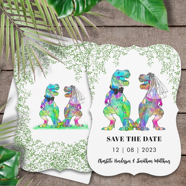Dinosaur-tema Bröllop Spara Datumet (Dinosaur wedding save the date invitation with colorful T-Rex bride & groom Jurassic jungle foliage )