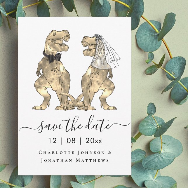 Dinosaur-tema bröllop spara datumet (Funny dinosaur wedding save the date T-Rex bride and groom dino elegant script)