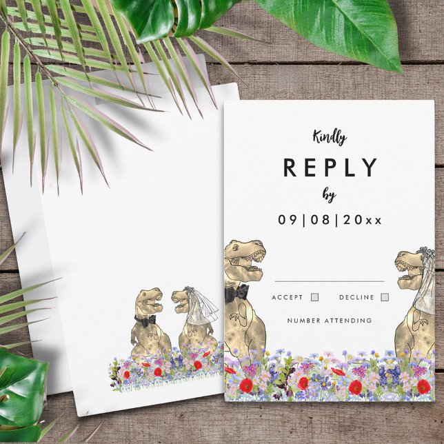 Dinosaur-tema bröllop svar (T-Rex bride and groom fun dinosaur wedding reply enclosure card)