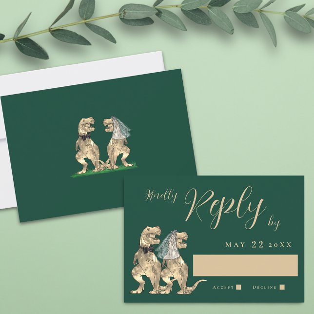 Dinosaur-tema bröllop svar (T-Rex dino bride and groom dark green dinosaur wedding rsvp card elegant script)