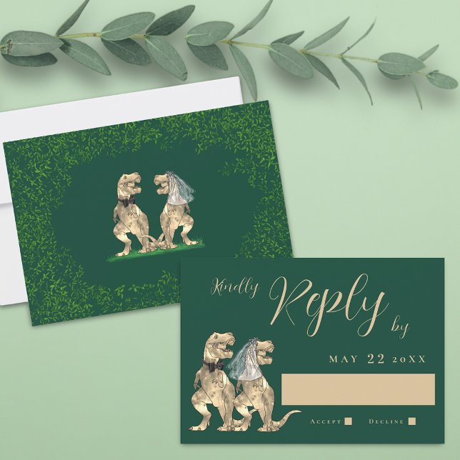 Dinosaur-tema bröllop svar (T-Rex bride and groom funny dinosaur wedding rsvp card Watercolor eucalyptus foliage dark green )