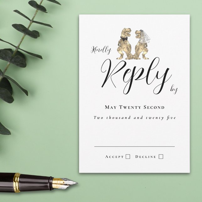Dinosaur-tema bröllop svar (T-Rex bride and groom funny dinosaur wedding RSVP card Modern elegant script)
