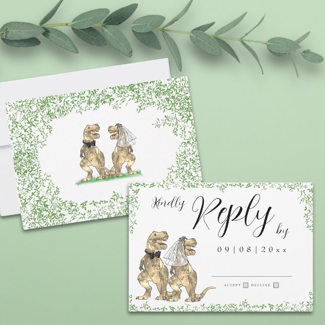 Dinosaur-tema bröllop svar (Botanical dinosaur theme wedding invitation rsvp enclosure card with watercolor eucalyptus greenery )