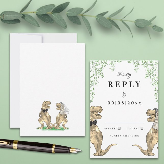 Dinosaur-tema bröllop svar (Botanical dinosaur theme wedding invitation reply with watercolor eucalyptus T-Rex bride and groom )