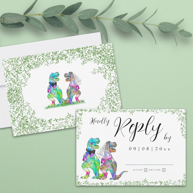 Dinosaur-tema bröllop svar (Colorful dinosaur wedding rsvp enclosure card with T-Rex bride and groom and watercolor eucalyptus )