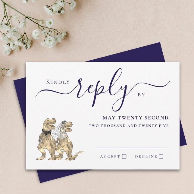 Dinosaur tema bröllop svar marinblå vit (Dinosaur theme wedding navy blue & white RSVP invitation Card T-Rex dino bride & groom elegant )