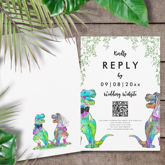 Dinosaur tema bröllop svar QR-kod (T-Rex bride and groom colorful dinosaur wedding reply wedding website QR code enclosure card)
