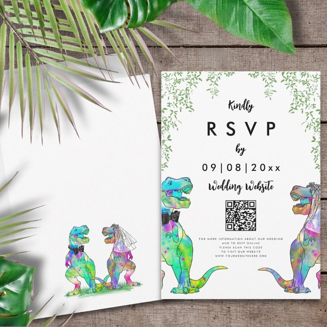 Dinosaur tema bröllop svar QR-kod (T-Rex bride and groom colorful dinosaur wedding invitation RSVP enclosure card with website QR code)