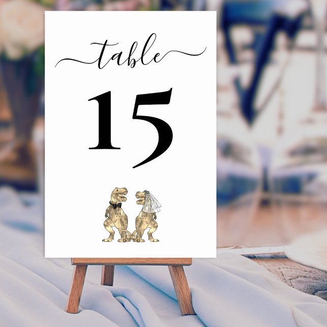 Dinosaur-tema Bröllop Svart och Vitt Bordsnummer (Dinosaur wedding black and white custom table number card T-Rex din Bride & groom  modern script)