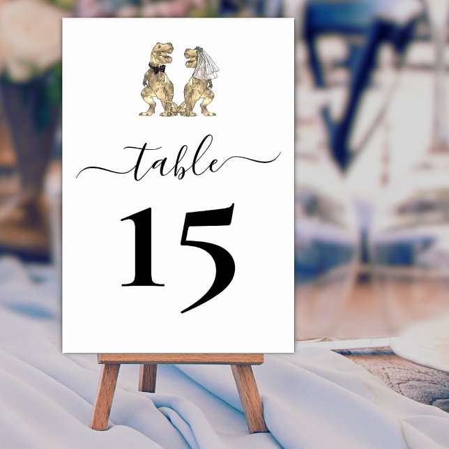 Dinosaur-tema Bröllop Svart och Vitt Bordsnummer (Dinosaur wedding black and white custom table number card T-Rex bride & groom elegant modern script)