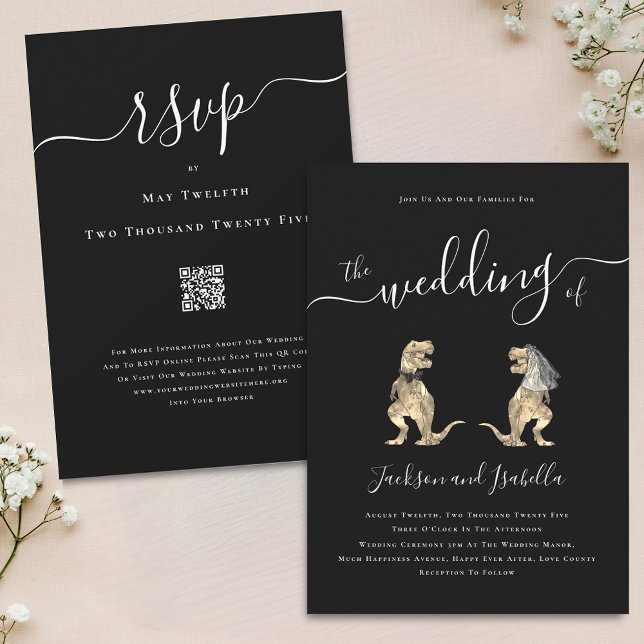 Dinosaur-tema bröllop Svart och Vitt QR-kod Inbjudningar (Dinosaur theme black and white wedding qr code invitation Elegant modern script T-Rex bride & groom)