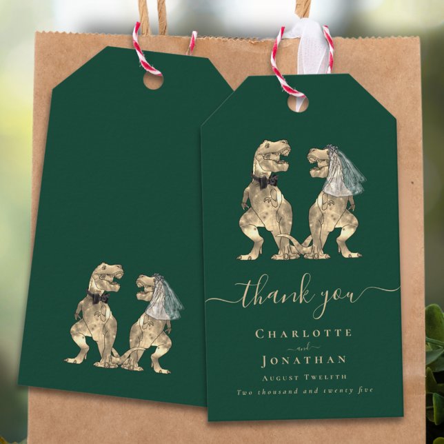 Dinosaur-tema Bröllop Tack Presentetikett (Dinosaur theme wedding dark green thank you personalized favor tags elegant modern script T-Rex dino)