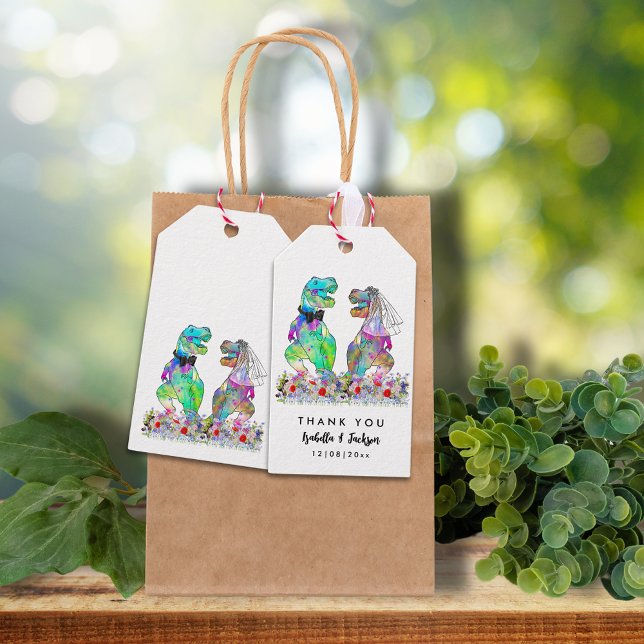 Dinosaur-tema Bröllop Tack Presentetikett (Dinosaur wedding T-Rex bride and groom colorful wildflowers custom wedding thank you favor tags)