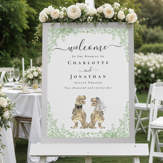 Dinosaur-tema Bröllop Välkommen Poster (Elegant dinosaur bride and groom watercolor foliage wedding welcome sign poster)