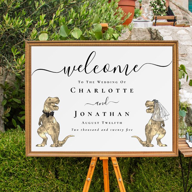 Dinosaur Tema Bröllop Välkommen Poster (Dinosaur wedding welcome poster Funny T-Rex bride and groom elegant script)