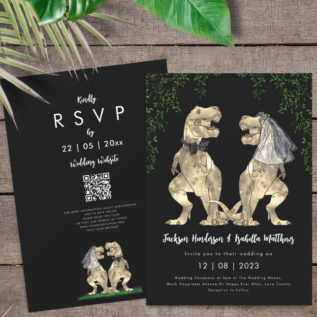 Dinosaur-tema Bröllops QR-kod Inbjudningar (T-Rex bride and groom dinosaur black & white wedding invitation with online rsvp qr code)