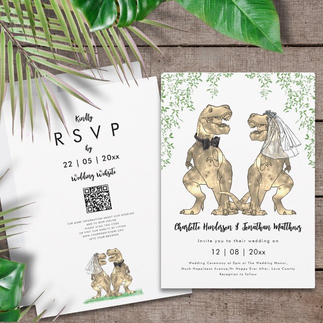 Dinosaur-tema Bröllops QR-kod Inbjudningar (Dinosaur themed wedding QR code invitation with funny T-Rex bride and groom and jungle foliage)