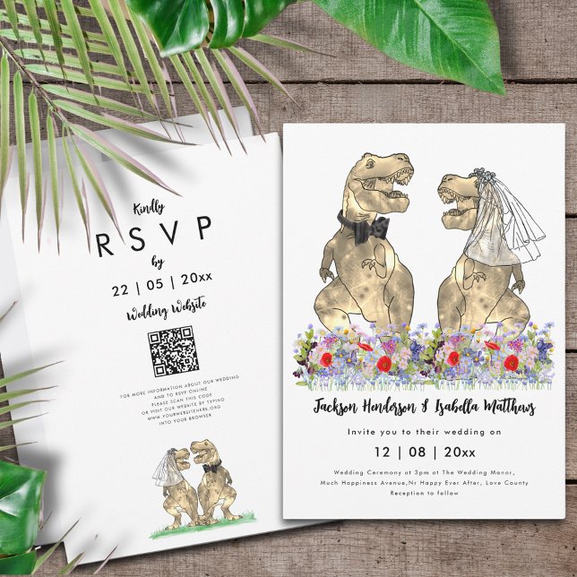 Dinosaur-tema Bröllops QR-kod Inbjudningar (Dinosaur wedding QR code invitation T-Rex bride and groom in colorful prehistoric wildflower meadow)