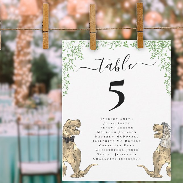 Dinosaur-tema Bröllopsbord Placeringsplan (Dinosaur wedding table chart Whimsical elegant script T-Rex bride & groom watercolor greenery)