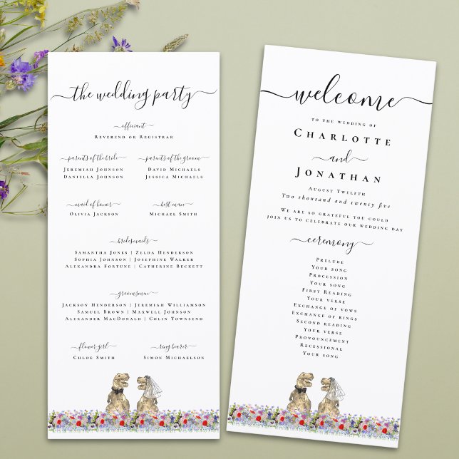 Dinosaur-tema Bröllopsceremoni Program (T-Rex bride and groom funny dinosaur wedding ceremony program card Boho watercolor wildflower meadow)