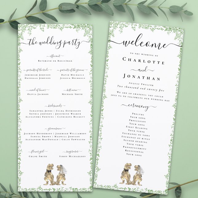 Dinosaur-tema Bröllopsceremoni Program (T-Rex bride and groom funny dinosaur wedding ceremony program card Watercolor foliage elegant script)