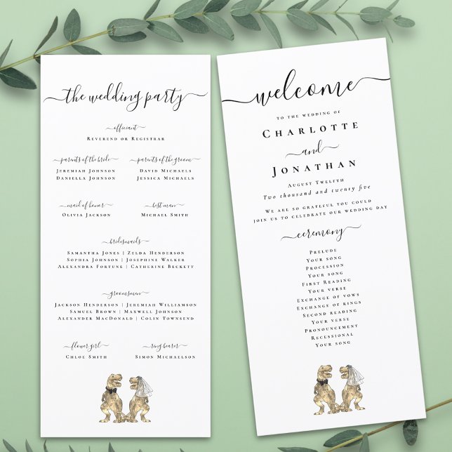 Dinosaur-tema Bröllopsceremoni Program (Dinosaur theme wedding program card Funny T-Rex dino bride and groom elegant modern script)