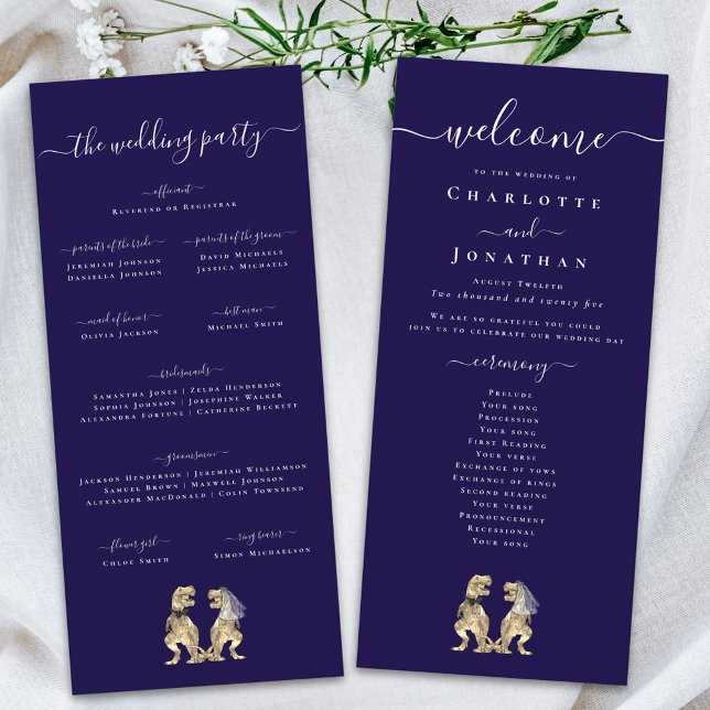 Dinosaur Tema Bröllopsceremoni Program Marinblå (Dinosaur theme wedding ceremony program card navy blue & white Elegant modern script T-Rex dino )