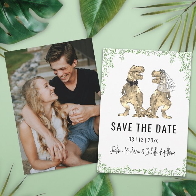 Dinosaur-tema Bröllopsfoto  Spara Datumet (Funny dinosaur bride and groom wedding save the date photo card Watercolor eucalyptus foliage)