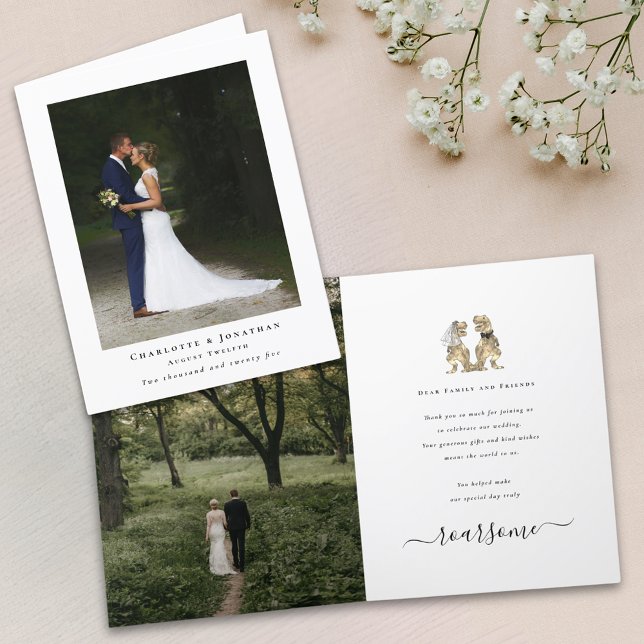 Dinosaur tema bröllopsfoto tack kort (2 photo Dinosaur theme wedding thank you card T-Rex dino bride and groom personalized message)