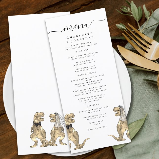Dinosaur-tema Bröllopsmeny Meny (Dinosaur theme wedding menu funny T-Rex bride and groom dino elegant modern script)