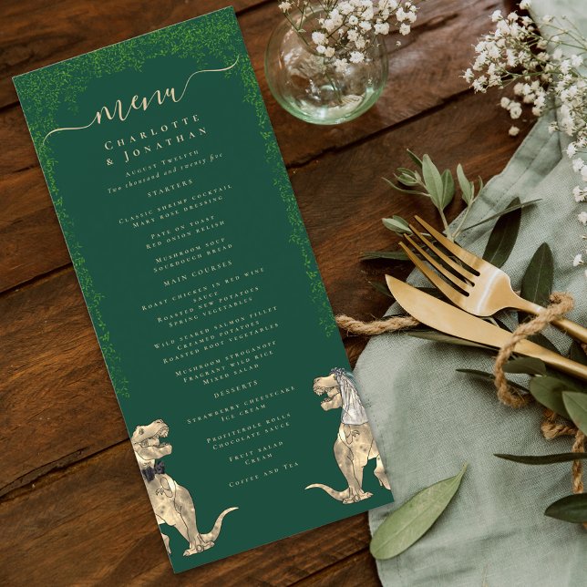 Dinosaur-tema Bröllopsmeny Meny (dinosaur bride and groom dark green wedding menu watercolor T-Rex dino Jurassic eucalyptus foliage)