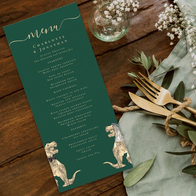 Dinosaur-tema Bröllopsmeny Meny (dinosaur bride and groom dark green wedding menu watercolor fun Jurassic T-Rex dino)