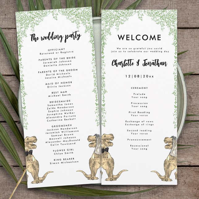 Dinosaur-tema Bröllopsprogram  Program (Dinosaur bride and groom T-Rex dino wedding day program)