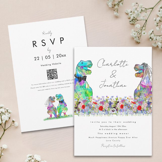 Dinosaur tema färgglada blommande bröllop inbjudningar (Colorful wildflower boho dinosaur wedding invitation with qr code)