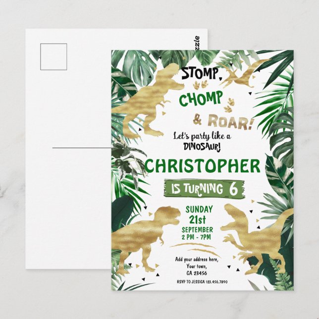 Dinosaur-tema födelsedagsfest vykort (Fram/baksida)