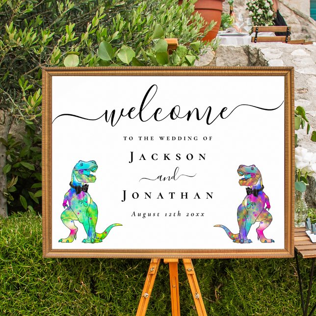 Dinosaur tema gay bröllop välkommen poster (Dinosaur gay wedding welcome poster elegant script colorful T-Rex dino grooms vibrant rainbow colors)