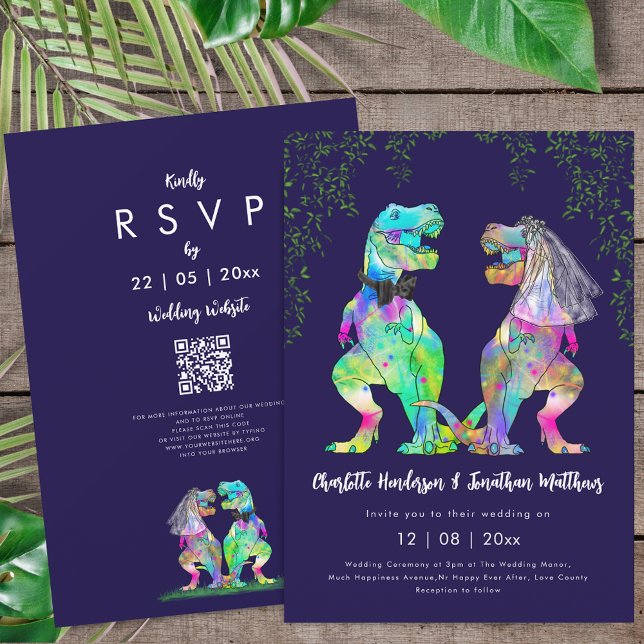 Dinosaur tema Navy Blå Rosa Bröllop QR-kod Inbjudningar (Colorful T-Rex bride and groom dinosaur wedding navy blue & white rsvp qr code invitation )