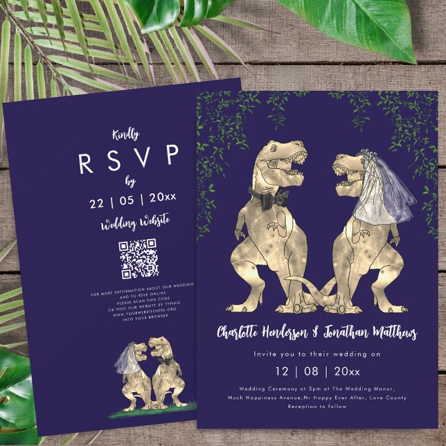 Dinosaur tema Navy Blue Bröllop QR-kod  Inbjudningar (T-Rex bride and groom dinosaur wedding rsvp qr code navy blue Invitation)