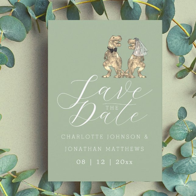 Dinosaur tema Sage Grön Bröllop Spara Datumet (Funny modern dinosaur wedding save the date sage green invitation elegant modern script)