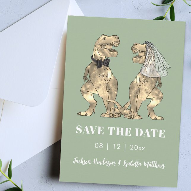 Dinosaur-tema Sagegrön Bröllop Spara Datumet (Funny modern dinosaur wedding save the date sage green invitation)