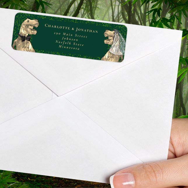 Dinosaur-tema vigsel returadress etikett (T-Rex bride and groom dinosaur wedding return address label Watercolor eucalyptus foliage)