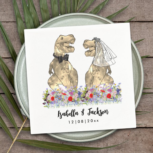 Dinosaur Tema Vildblomma Bröllop Pappersservett (Funny Dinosaur wedding T-Rex bride and groom in a colorful wildflower meadow custom wedding napkins )