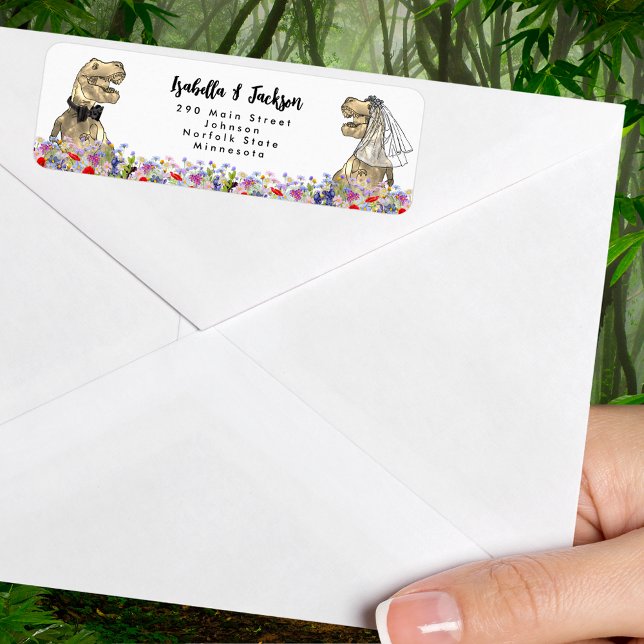 Dinosaur tema Vildblomma Bröllop Returadress Etikett (Funny T-Rex bride and groom dinosaur wedding return address label with wildflowers)